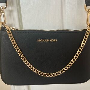 Jet Set Medium Saffiano Leather Crossbody Bag in black and gold